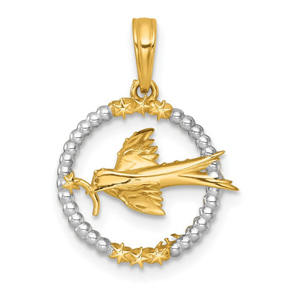 14K Yellow & Rhodium with White Rhodium Polished Flying Bird in Circle with Stars Charm