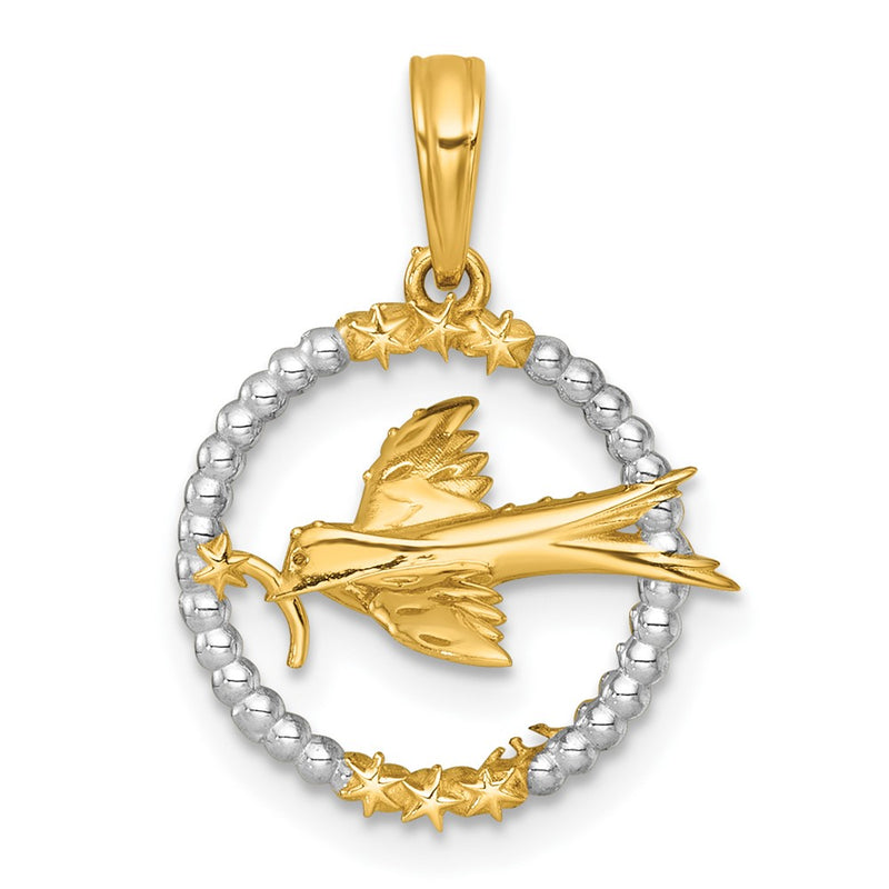 14K Yellow & Rhodium with White Rhodium Polished Flying Bird in Circle with Stars Charm