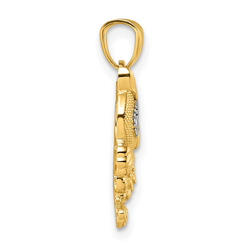14K Yellow & Rhodium & Rhodium Polished & Textured Owl Pendant