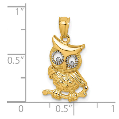 14K Yellow & Rhodium & Rhodium Polished & Textured Owl Pendant