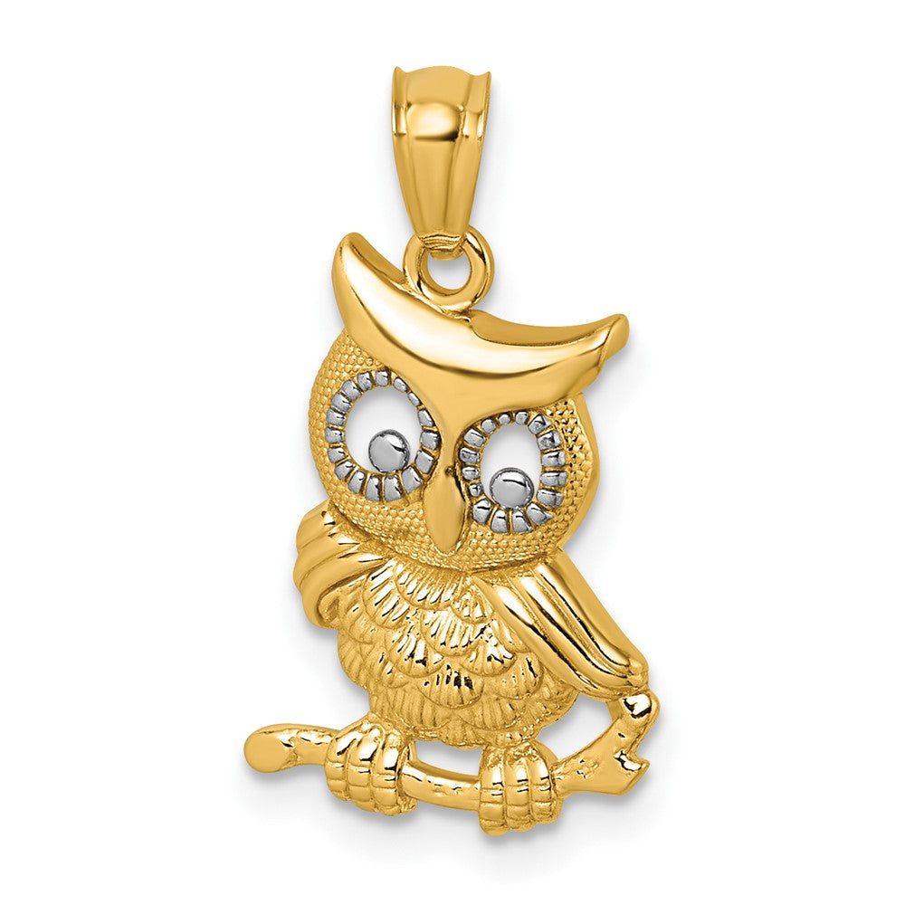 14K Yellow & Rhodium & Rhodium Polished & Textured Owl Pendant