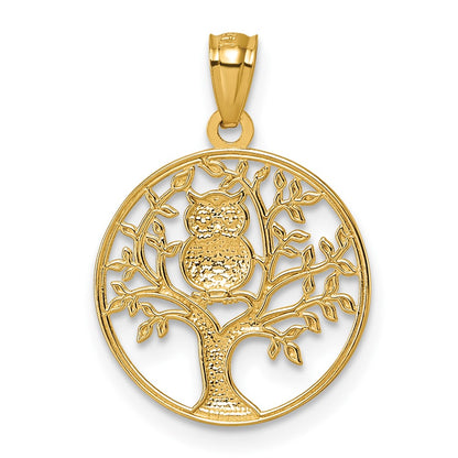 14K Yellow & Rhodium and Rhodium Textured Owl Sitting in Tree in Circle Pendant