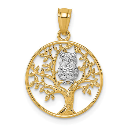 14K Yellow & Rhodium and Rhodium Textured Owl Sitting in Tree in Circle Pendant