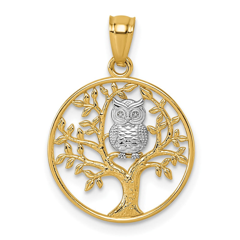 14K Yellow & Rhodium and Rhodium Textured Owl Sitting in Tree in Circle Pendant