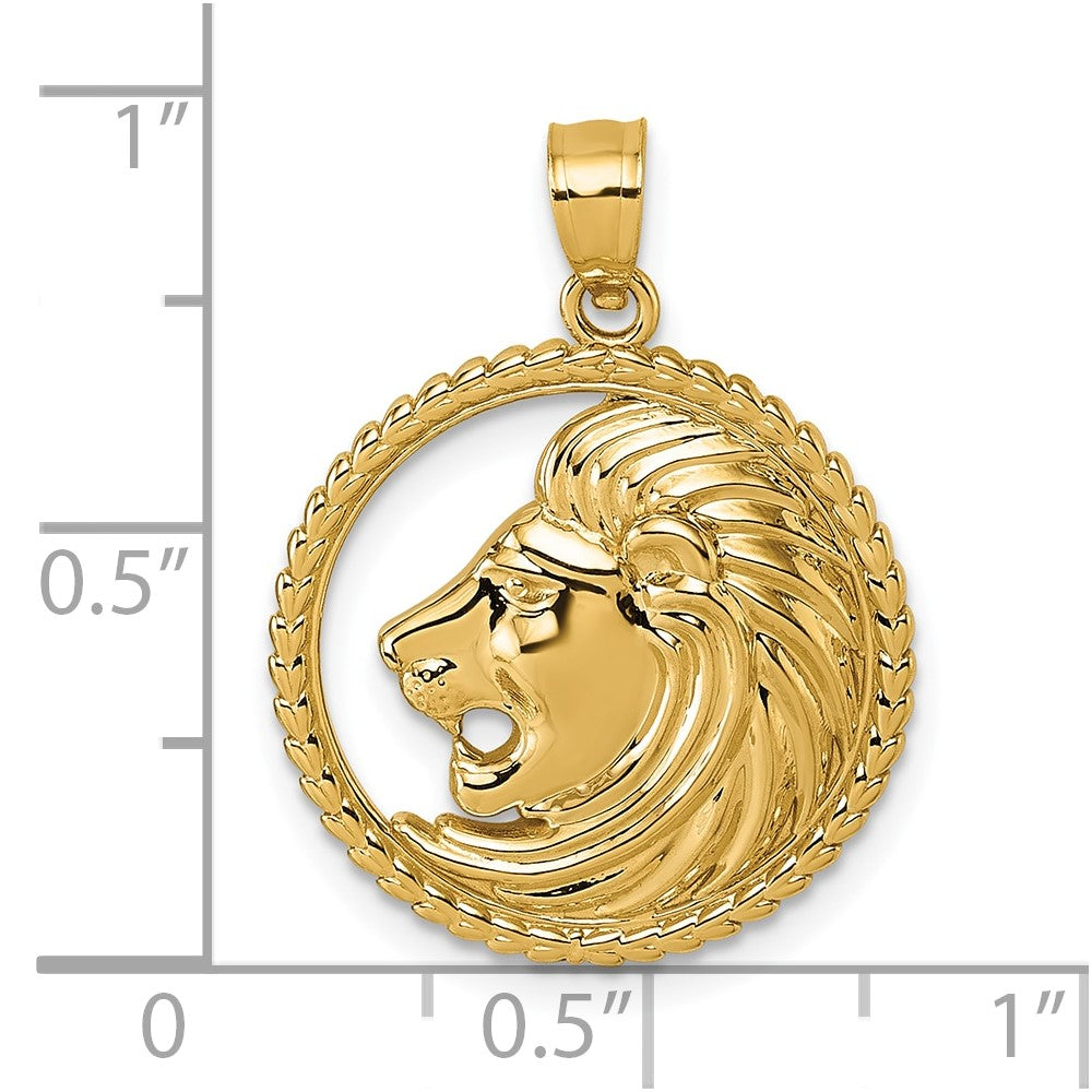 14K Yellow Gold Polished Lion with Mane Circle Pendant