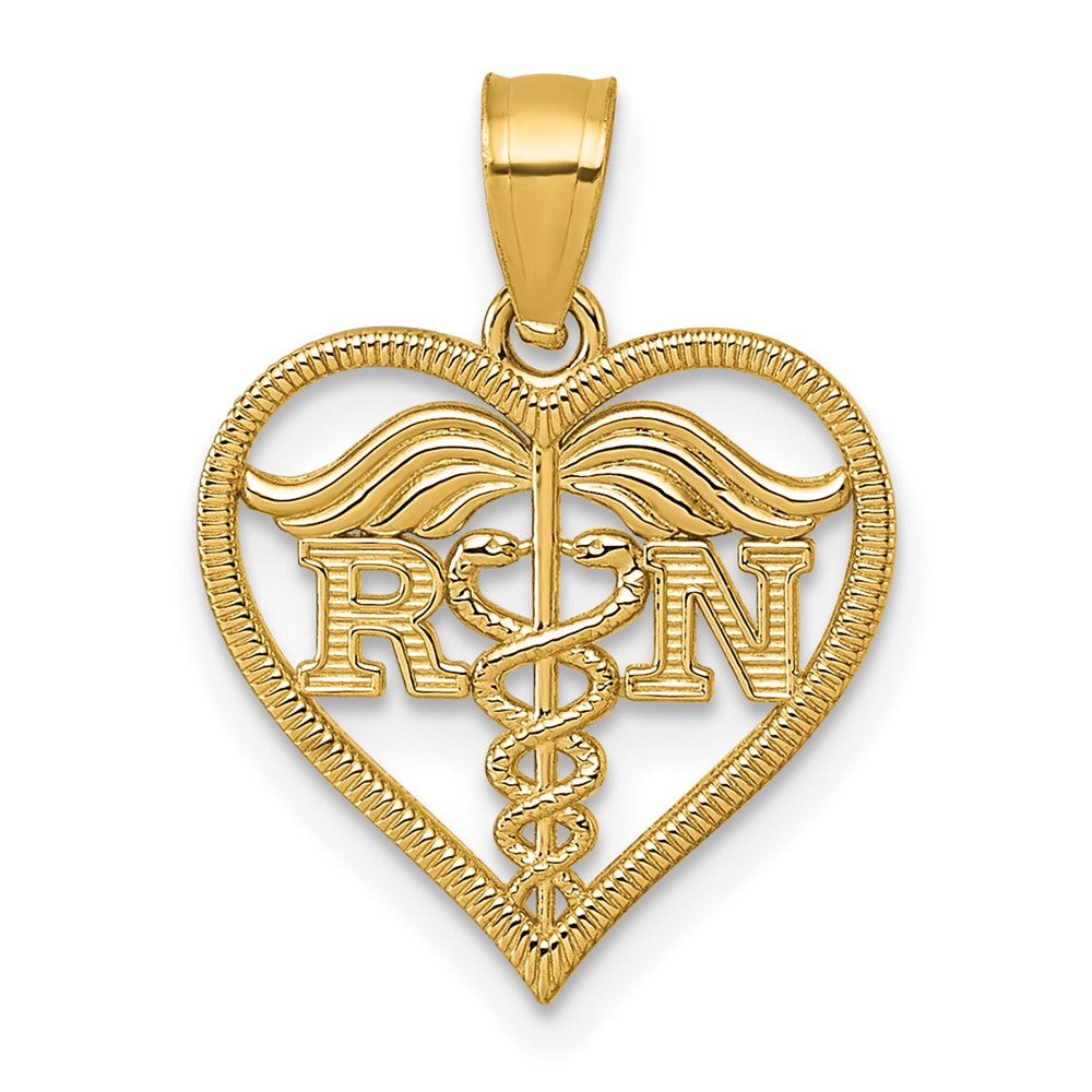 14K Yellow Gold Polished and Textured Rn Heart Pendant