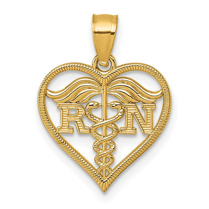 14K Yellow Gold Polished and Textured Rn Heart Pendant