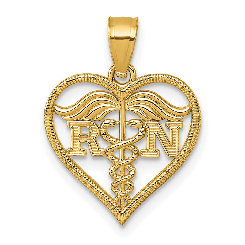 14K Yellow Gold Polished and Textured Rn Heart Pendant