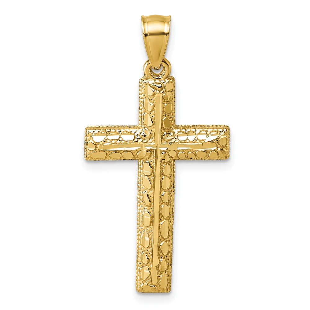 14K Yellow Gold Polished Diamond-Cut Textured Fancy Cross Pendant