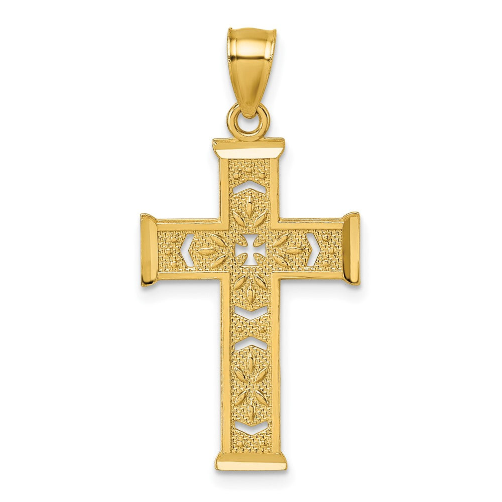 14K Yellow Gold Polished Diamond-Cut Textured Fancy Cross Pendant