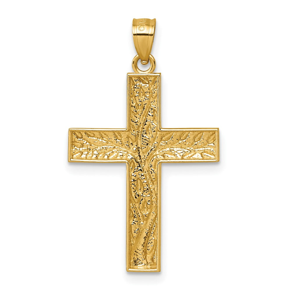 14K Yellow & Rhodium & Rhodium Polished Floral Tree Leaves Cross Pendant