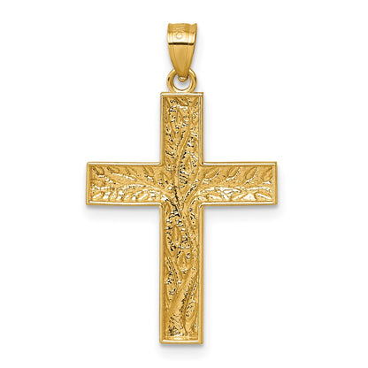 14K Yellow & Rhodium & Rhodium Polished Floral Tree Leaves Cross Pendant