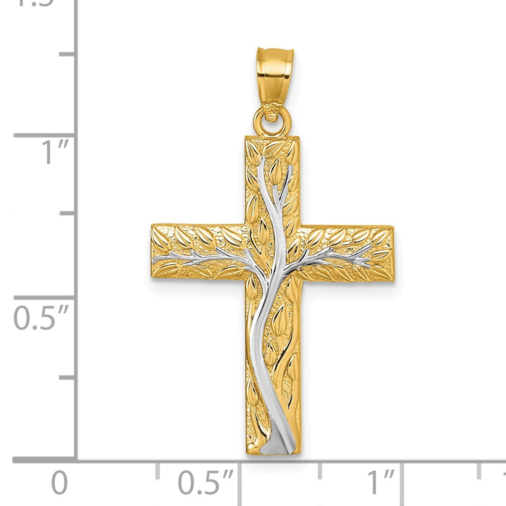 14K Yellow & Rhodium & Rhodium Polished Floral Tree Leaves Cross Pendant