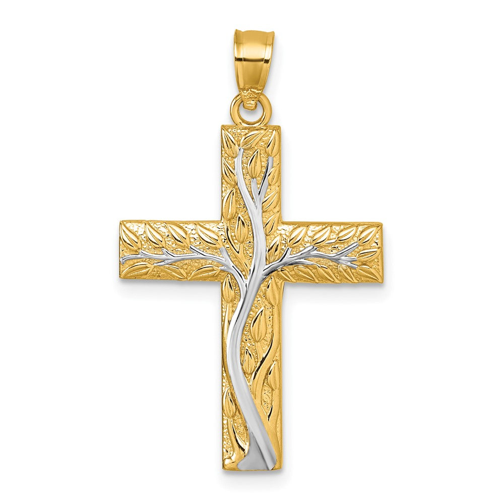 14K Yellow & Rhodium & Rhodium Polished Floral Tree Leaves Cross Pendant