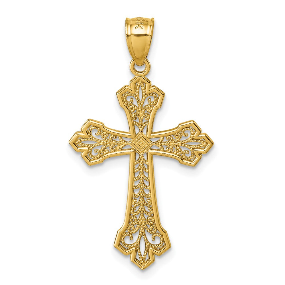 14K Yellow Gold Polished Diamond-Cut Filigree Textured Fancy Cross Pendant