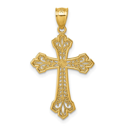 14K Yellow Gold Polished Diamond-Cut Filigree Textured Fancy Cross Pendant