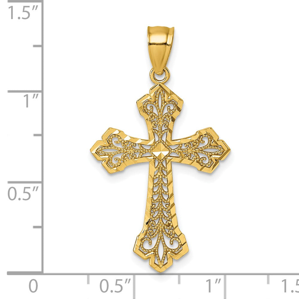 14K Yellow Gold Polished Diamond-Cut Filigree Textured Fancy Cross Pendant