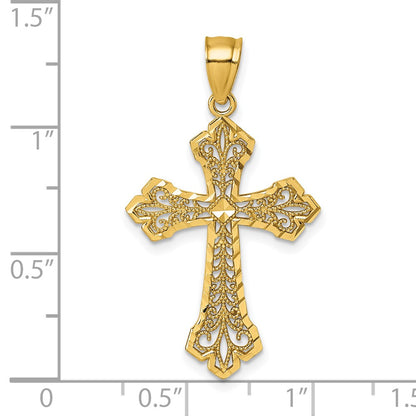 14K Yellow Gold Polished Diamond-Cut Filigree Textured Fancy Cross Pendant