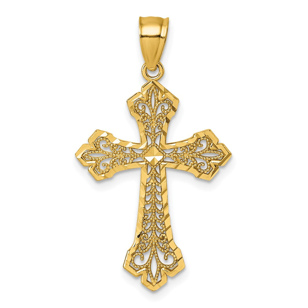 14K Yellow Gold Polished Diamond-Cut Filigree Textured Fancy Cross Pendant