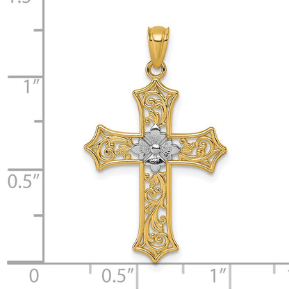14K Yellow & Rhodium and Rhodium Polished Floral Cross Pendant