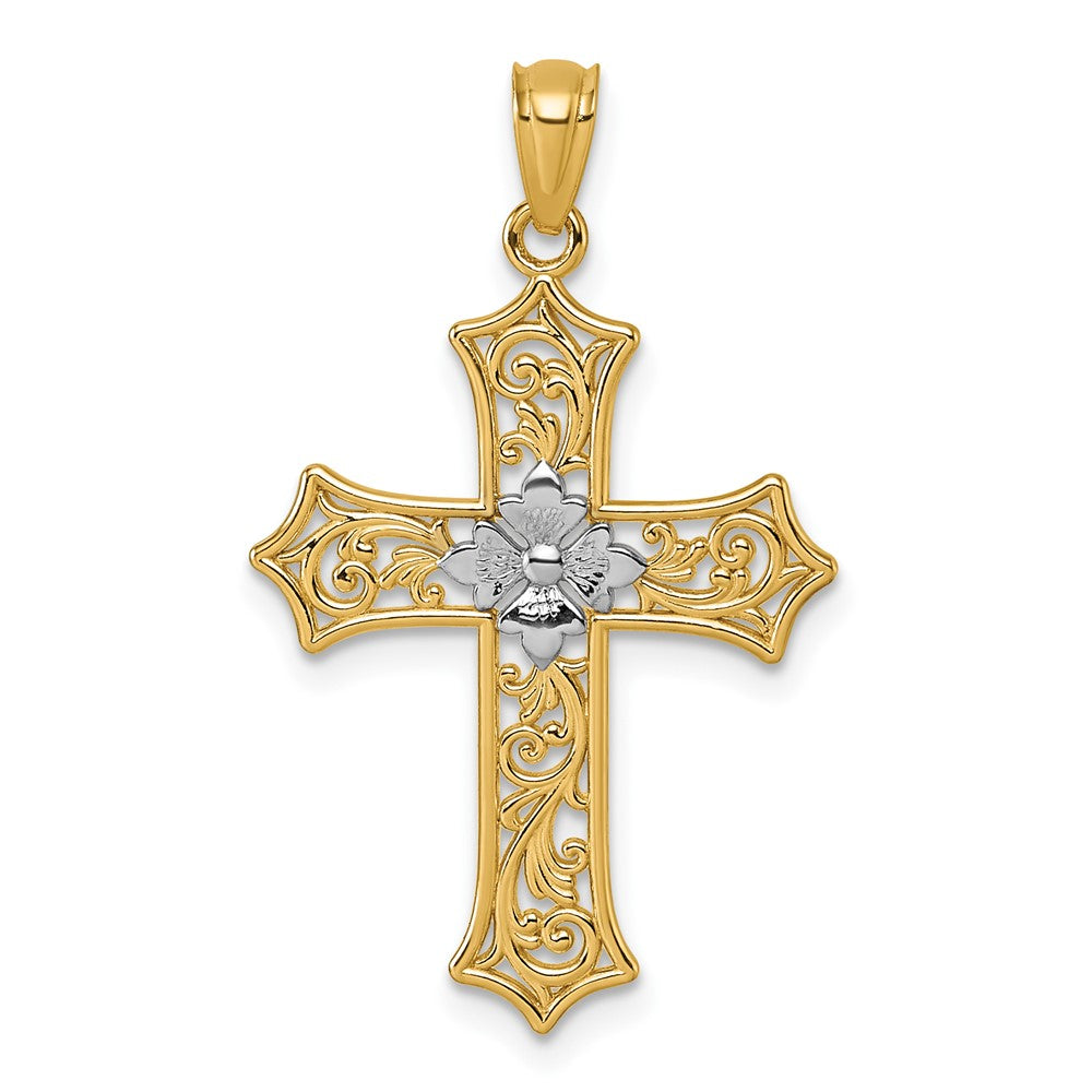 14K Yellow & Rhodium and Rhodium Polished Floral Cross Pendant