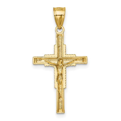 14K Yellow Gold Polished Diamond-Cut Textured Crucifix Pendant
