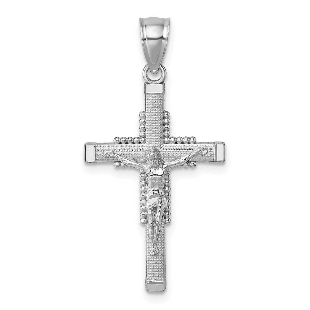 14K White Gold Polished and Diamond-Cut Textured Crucifix Pendant