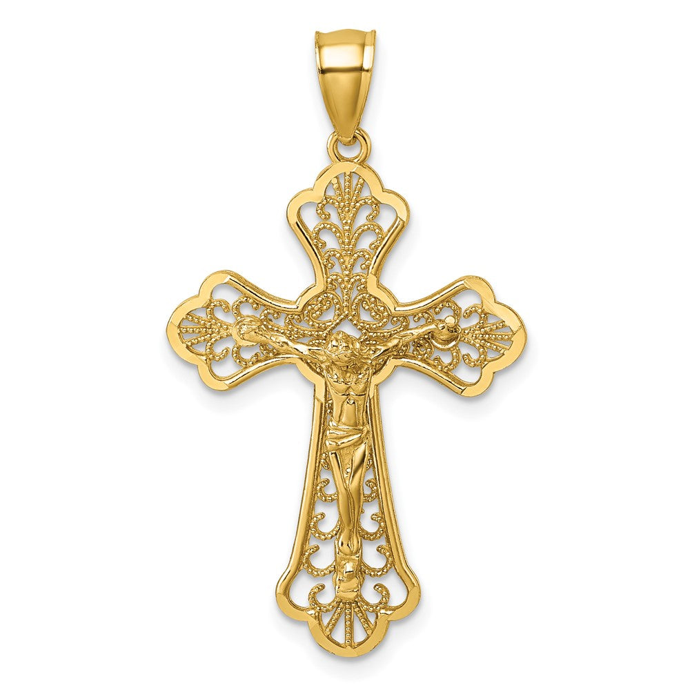 14K Yellow Gold Polished Diamond-Cut Filigree Fancy Crucifix Pendant