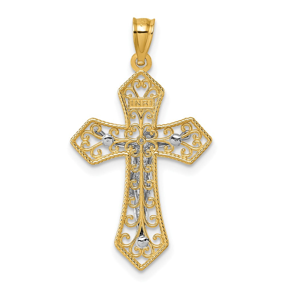 14K Two-Tone Polished and Beaded Fancy Crucifix Pendant