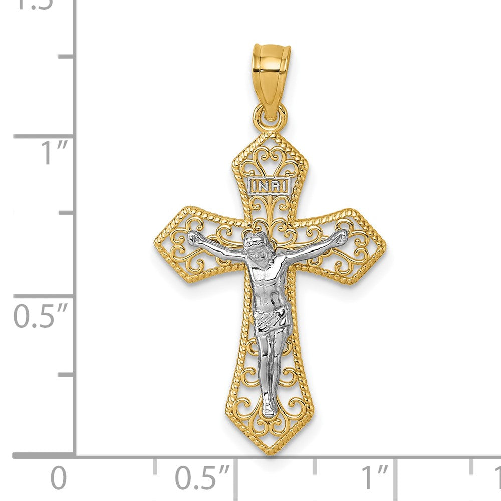 14K Two-Tone Polished and Beaded Fancy Crucifix Pendant