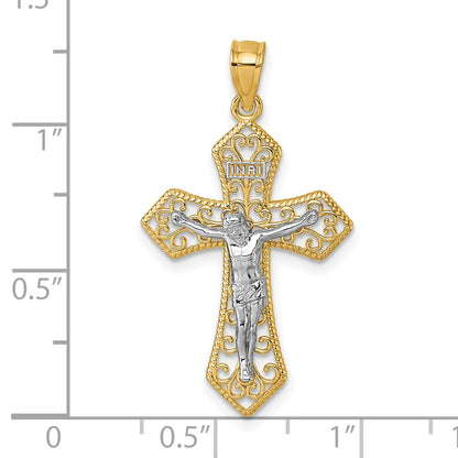 14K Two-Tone Polished and Beaded Fancy Crucifix Pendant