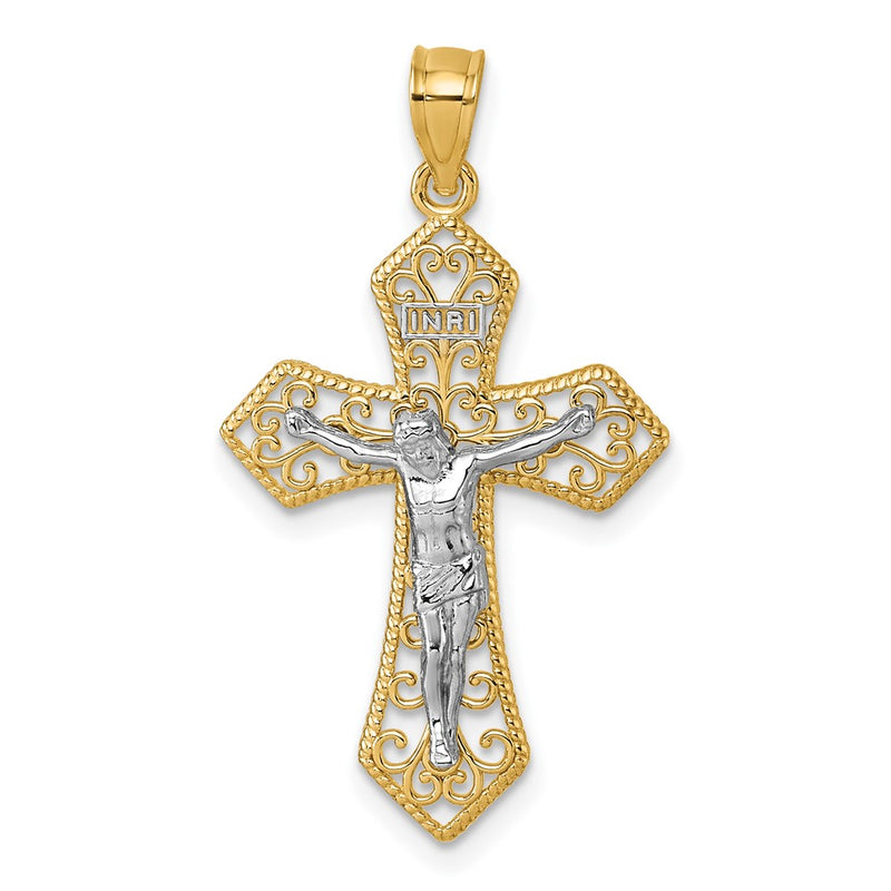 14K Two-Tone Polished and Beaded Fancy Crucifix Pendant