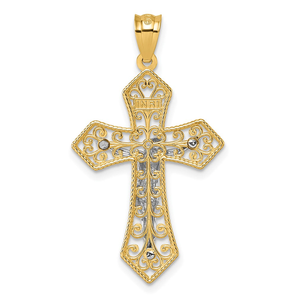 14K Two-Tone Polished and Beaded Fancy Crucifix Pendant