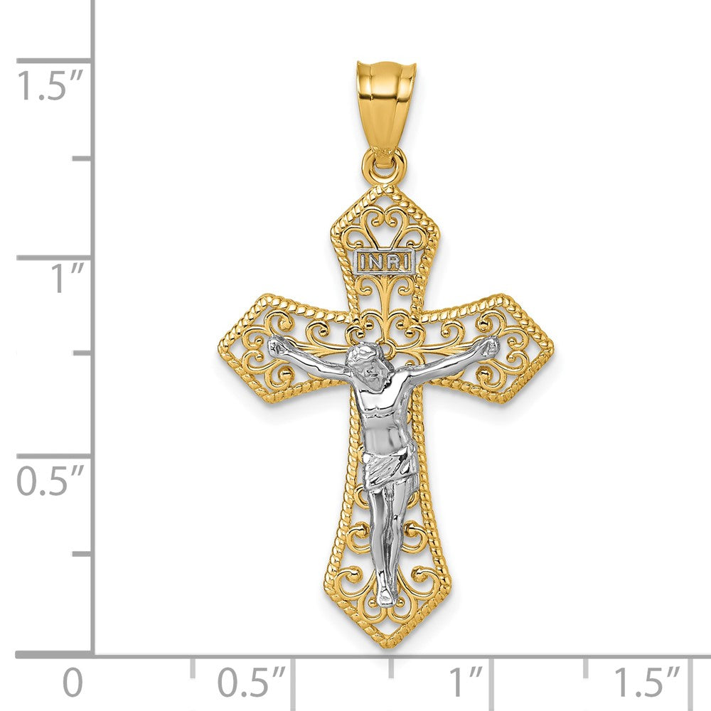 14K Two-Tone Polished and Beaded Fancy Crucifix Pendant