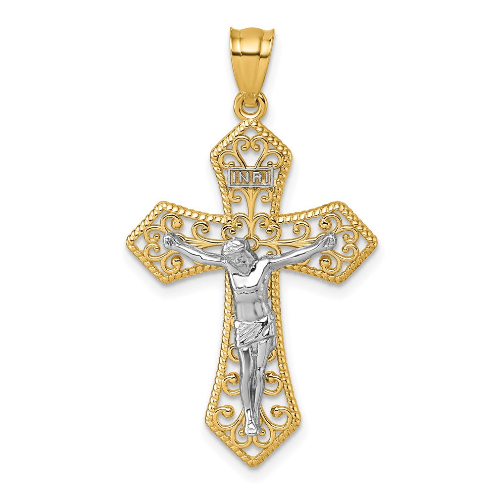 14K Two-Tone Polished and Beaded Fancy Crucifix Pendant