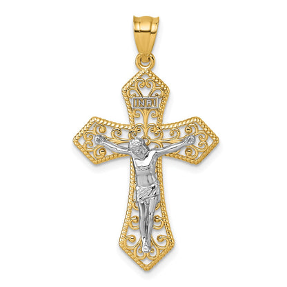 14K Two-Tone Polished and Beaded Fancy Crucifix Pendant
