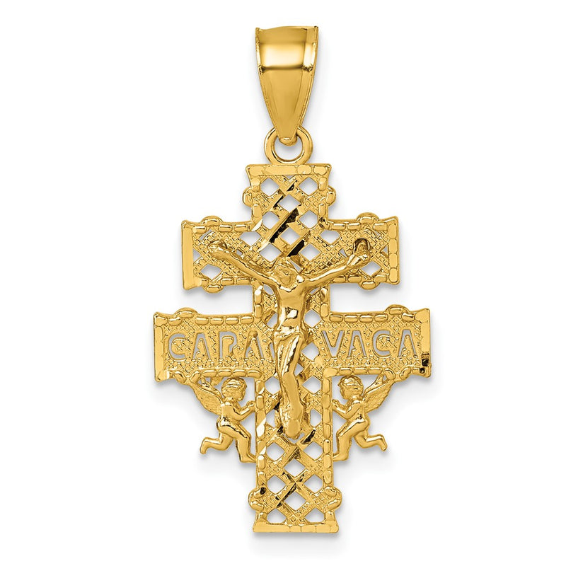 14K Yellow Gold Polished Diamond-Cut Cara Vaca Crucifix Pendant