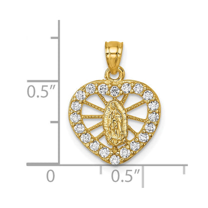 14K Yellow Gold Polished CZ Heart Our Lady of Guadalupe Pendant