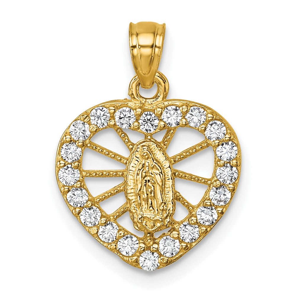 14K Yellow Gold Polished CZ Heart Our Lady of Guadalupe Pendant