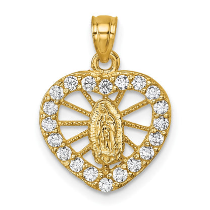 14K Yellow Gold Polished CZ Heart Our Lady of Guadalupe Pendant