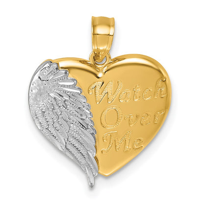 14K Yellow & Rhodium W/rh Polished / Dia-Cut Heart with Wing Watch Over Me Pendant
