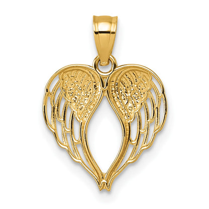 14K Yellow Gold Polished and D/c Wings in Heart Shape Pendant