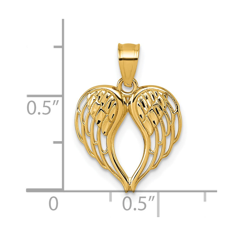 14K Yellow Gold Polished and D/c Wings in Heart Shape Pendant