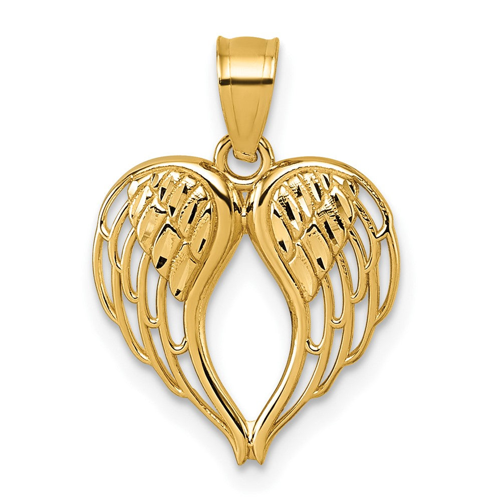 14K Yellow Gold Polished and D/c Wings in Heart Shape Pendant