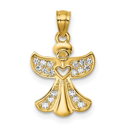 14K Yellow Gold Polished CZ Angel with Open Heart Pendant