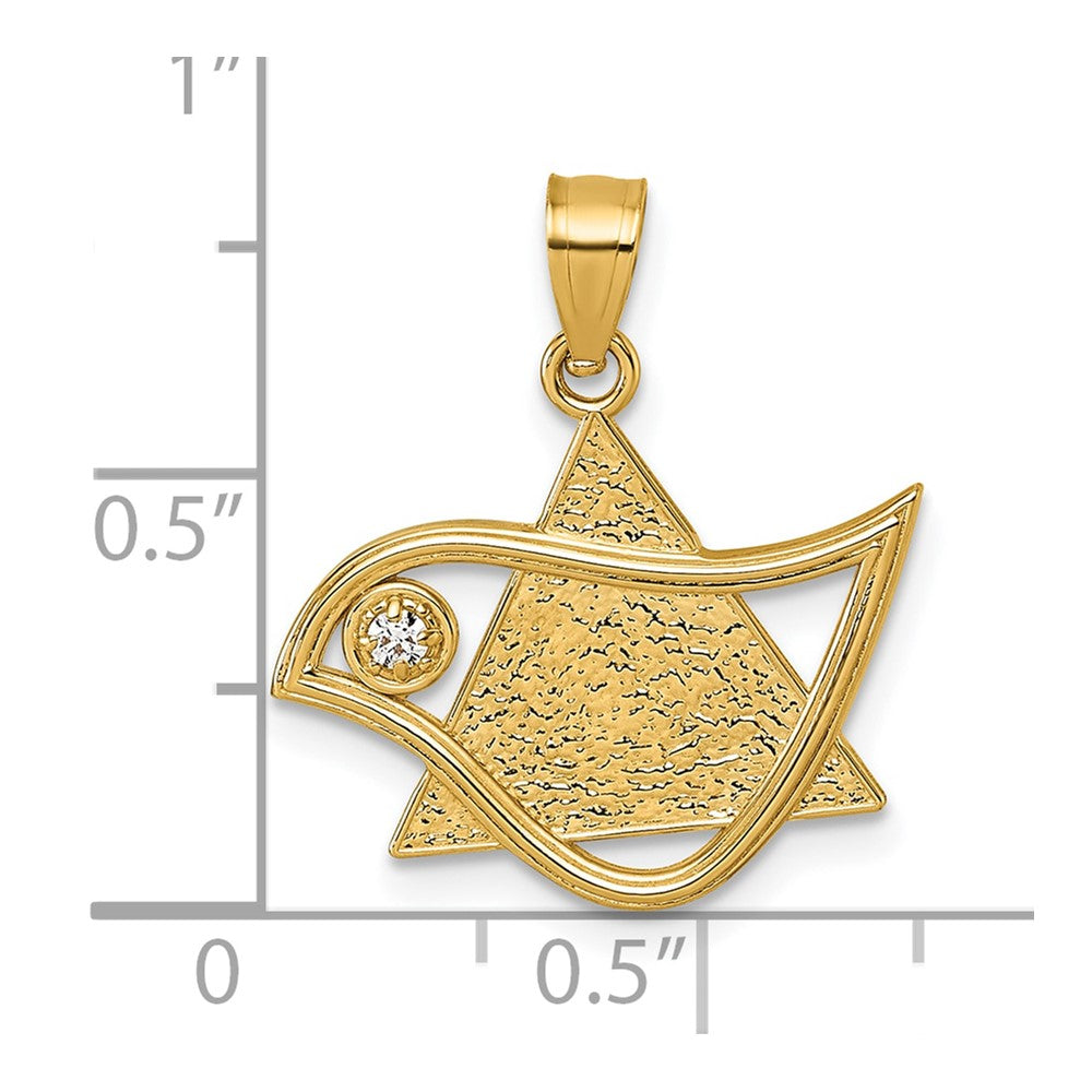 14K Yellow Gold Polished & Textured CZ Bird & Triangle Star of David Pendant