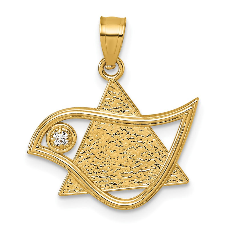 14K Yellow Gold Polished & Textured CZ Bird & Triangle Star of David Pendant