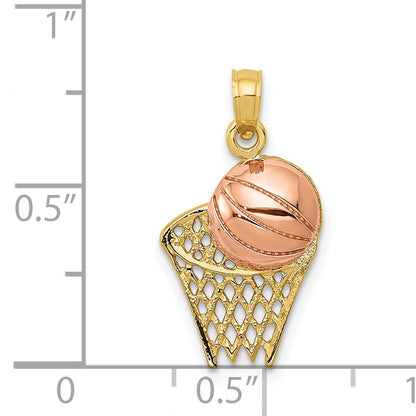 14K Two-Tone Basketball Hoop With Ball Pendant