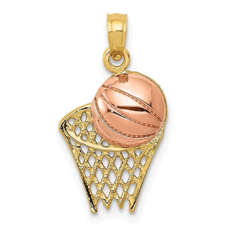 14K Two-Tone Basketball Hoop With Ball Pendant