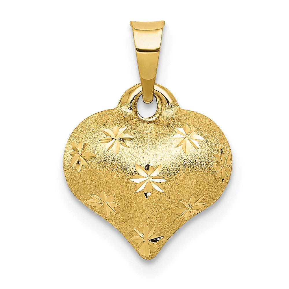 14K Yellow Gold Polished And Satin Diamond-Cut 3-D Puffed Heart Pendant